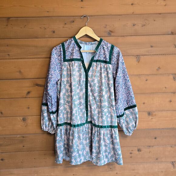 Shop The Mint Abigail Tunic Babydoll Dress Small Floral Boho Prairie Velvet Trim - Picture 2 of 5